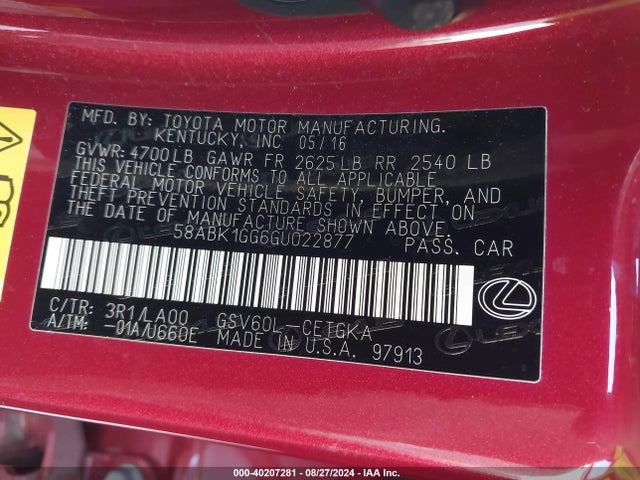 Lexus ES 350 2016 58ABK1GG6GU022877 Image 9