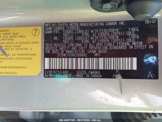 2008 Lexus Rx 350 მანქანა იყიდება აუქციონზე, vin: 2T2HK31U98C068682, აუქციონის ნომერი: 40207303