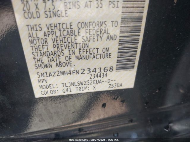 5N1AZ2MH4FN234168 Nissan Murano Platinum