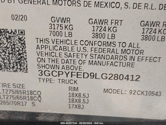 3GCPYFED9LG280412 Chevrolet Silverado 1500 4wd  Short Bed Lt Trail Boss