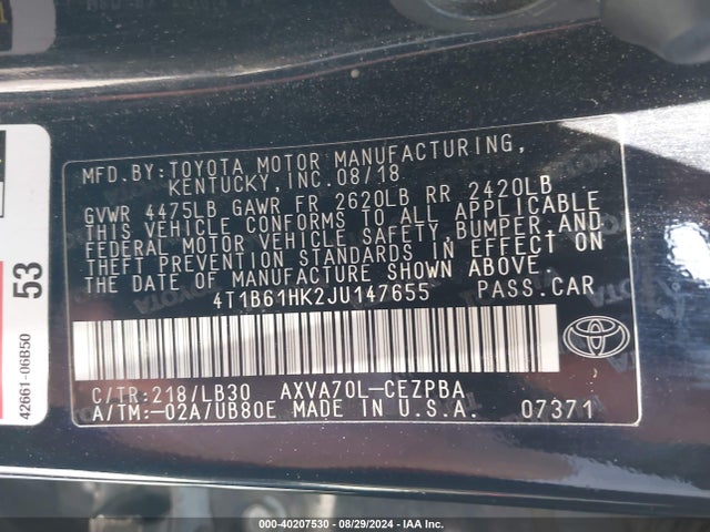 Toyota CAMRY XSE 2018 4T1B61HK2JU147655 Image 9