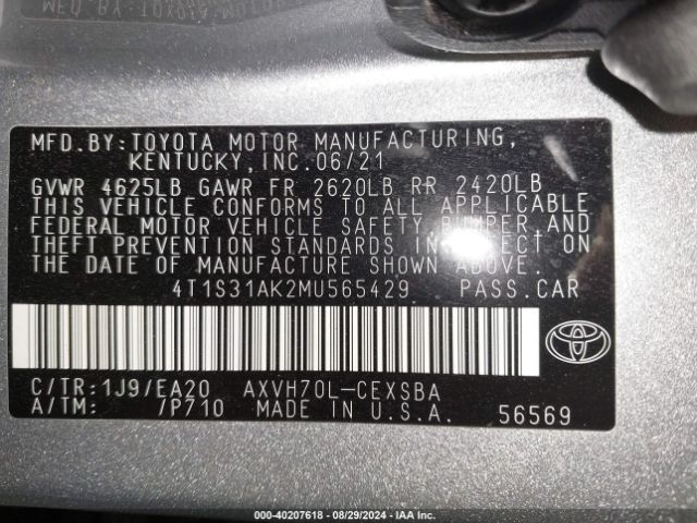 4T1S31AK2MU565429 Toyota Camry Se Hybrid