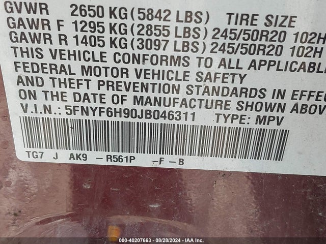 Honda Pilot Touring 2018 5FNYF6H90JB046311 Image 9