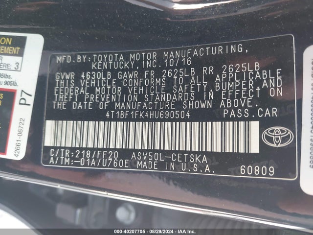 Toyota CAMRY SE 2017 4T1BF1FK4HU690504 Image 9