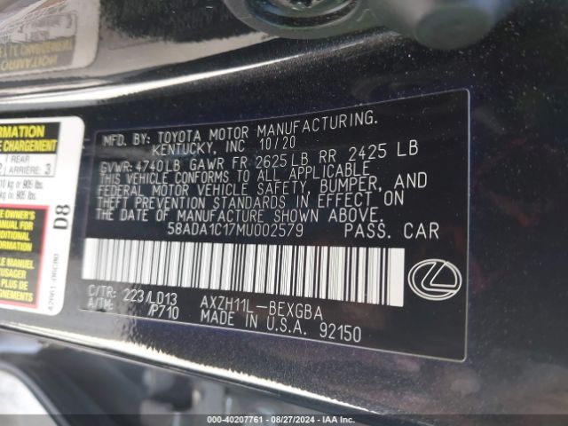 2021 LEXUS ES 300H 58ADA1C17MU002579 Photo 8