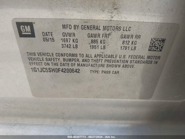 Chevrolet Sonic Lt Auto 2015 1G1JC5SH0F4200642 Image 9