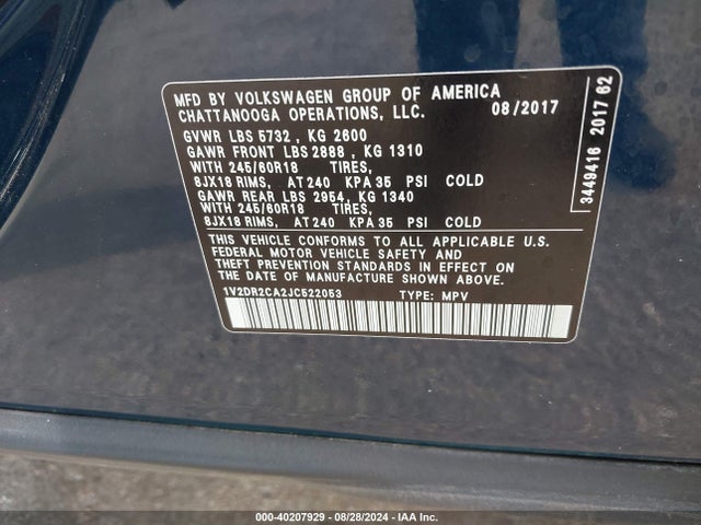 1V2DR2CA2JC522053 Volkswagen Atlas 3.6l V6 Se/3.6l V6 Se W/technology