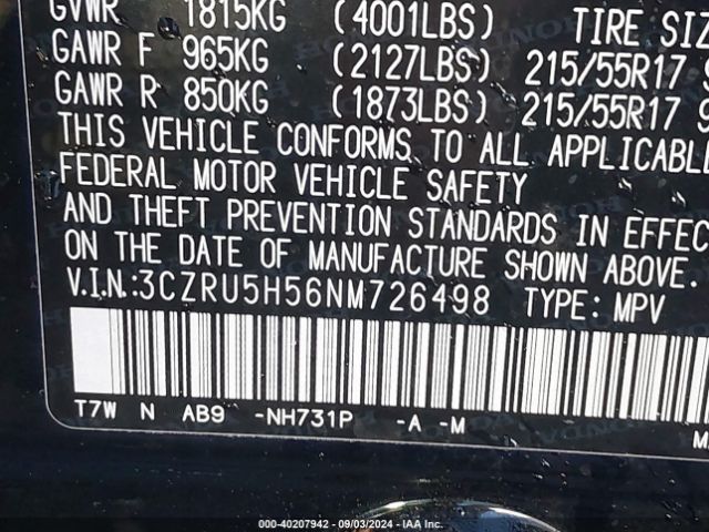3CZRU5H56NM726498 Honda Hr-v 2wd Ex
