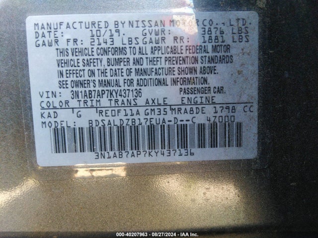 Nissan SENTRA SV 2019 3N1AB7AP7KY437136 Image 9