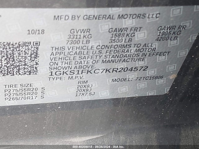 1GKS1FKC7KR204572 GMC Yukon Xl Sle