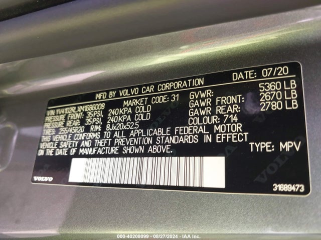 YV4102RLXM1686008 Volvo Xc60 T5 Inscription