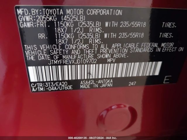 JTMYFREVXJD109702 Toyota Rav4 Limited
