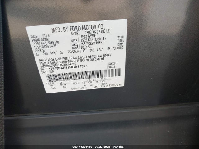 Ford Explorer Limited 2017 1FM5K8F81HGB81376 Image 9