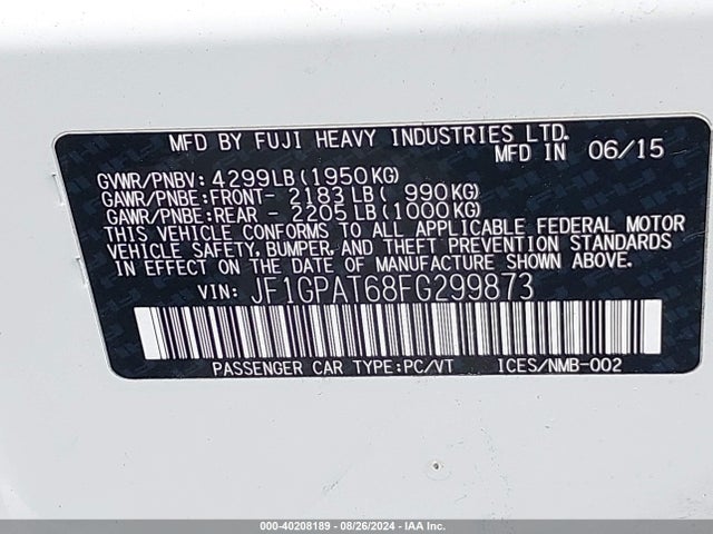 JF1GPAT68FG299873 Subaru Impreza 2.0i Sport Premium