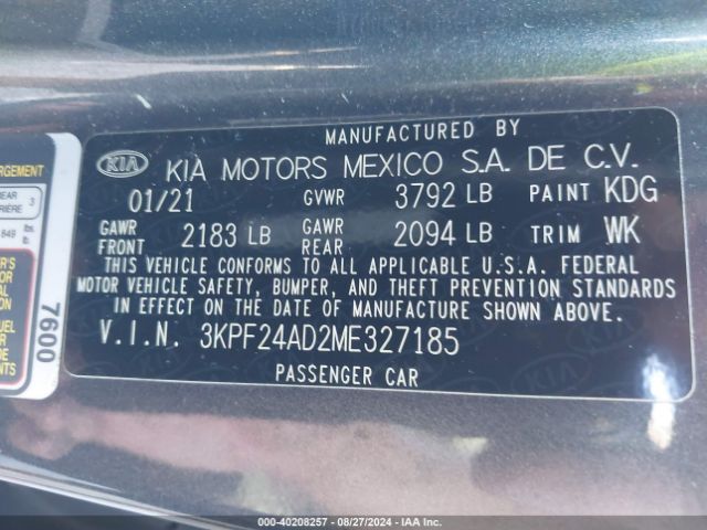3KPF24AD2ME327185 KIA FORTE FE
