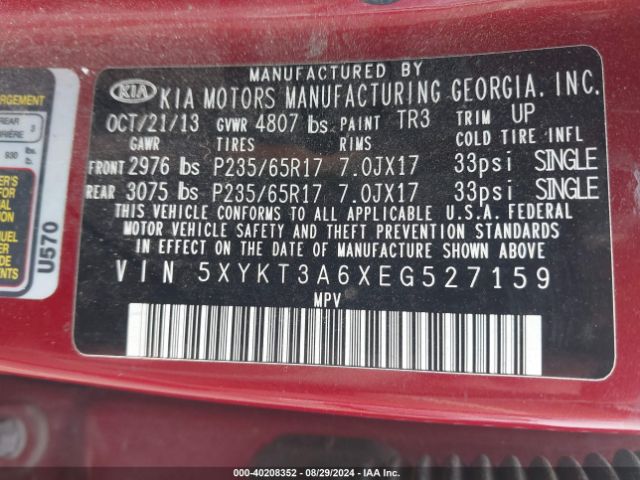 5XYKT3A6XEG527159 KIA SORENTO LX
