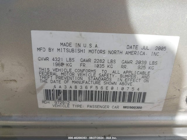 2006 MITSUBISHI GALANT 4A3AB36F56E010754 Photo 8