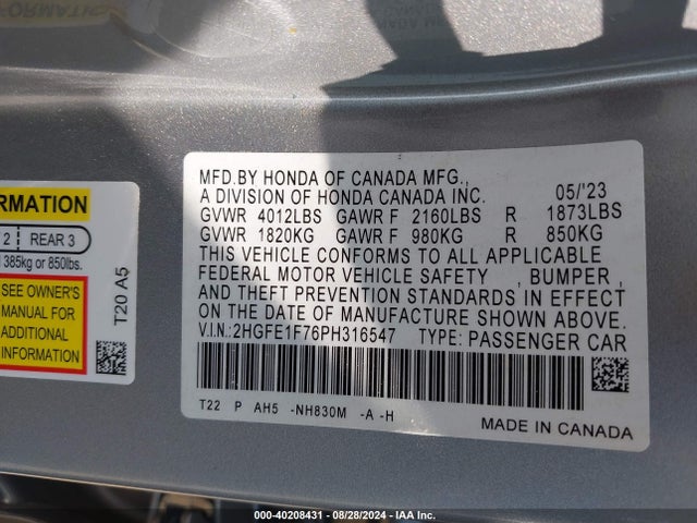 Honda Civic Ex /ex W/o Bsi 2023 2HGFE1F76PH316547 Image 9