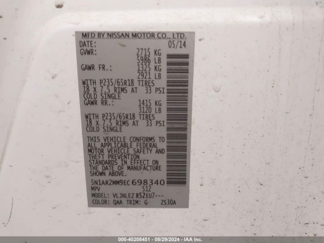 5N1AR2MM9EC698340 Nissan Pathfinder Platinum/s/sl/sv