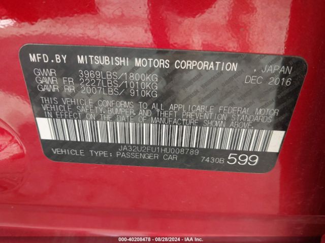 JA32U2FU1HU008789 Mitsubishi LANCER ES