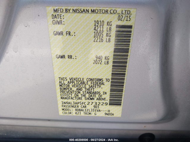 Nissan Altima 2.5 Sv 2015 1N4AL3AP5FC273229 Image 9
