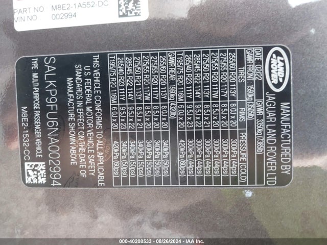 SALKP9FU6NA002994 Land Rover New Range Rover P400 Se