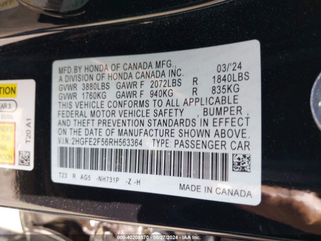 2HGFE2F56RH563364 Honda Civic Sport