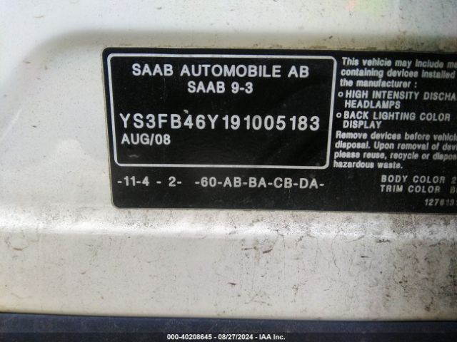 2009 SAAB 9-3 YS3FB46Y191005183 Photo 8