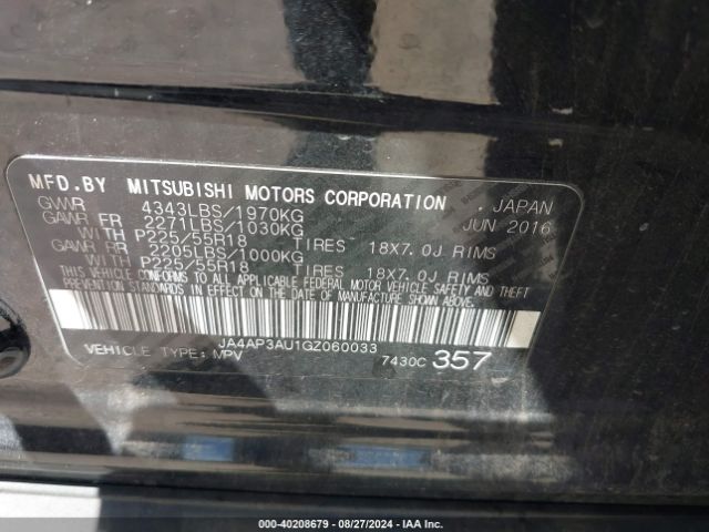 JA4AP3AU1GZ060033 Mitsubishi Outlander Sport 2.0 Es