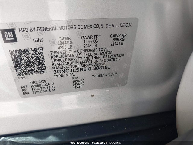 Chevrolet Trax Lt 2019 3GNCJLSB6KL388181 Image 9