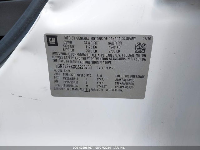 Chevrolet EQUINOX LT 2016 2GNFLFEKXG6276760 Image 9