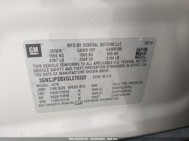 3GNCJPSBXGL278328 Chevrolet Trax Lt