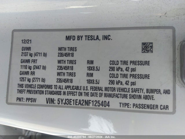 2022 TESLA MODEL 3 5YJ3E1EA2NF125404 Photo 8