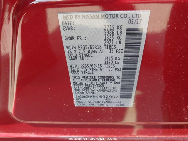 Nissan Pathfinder S 2017 5N1DR2MM3HC692907 Image 9