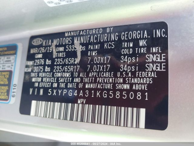 5XYPG4A31KG585081 KIA Sorento 2.4l L