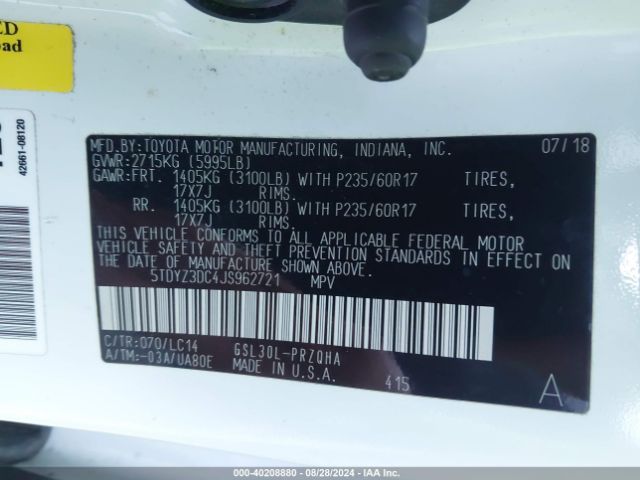 5TDYZ3DC4JS962721 Toyota Sienna Xle Premium 8 Passenger