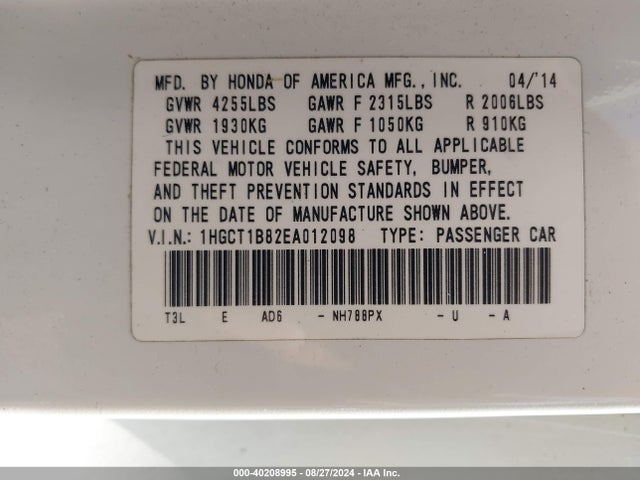Honda Accord Ex-l 2014 1HGCT1B82EA012098 Image 9