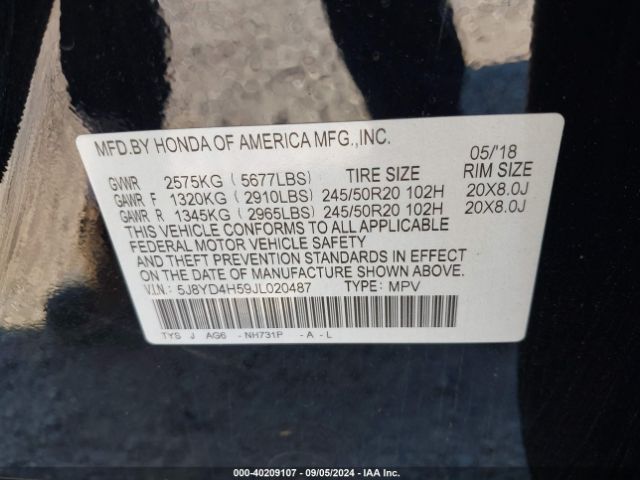 5J8YD4H59JL020487 Acura Mdx Technology Package   Acurawatch Plus Pkg