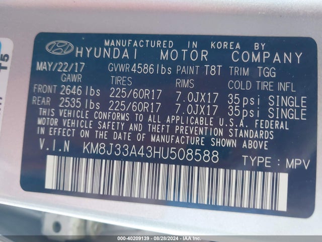 Hyundai TUCSON SE 2017 KM8J33A43HU508588 Image 9