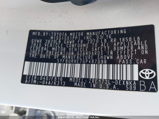 Toyota Corolla Le Plus 2016 5YFBURHE7GP487098 Image 9