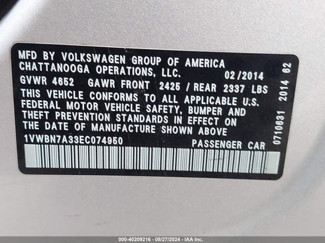 1VWBN7A33EC074950 Volkswagen Passat 2.0l Tdi Se