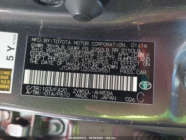 Toyota Prius Two 2016 JTDKBRFU2G3509551 Image 9