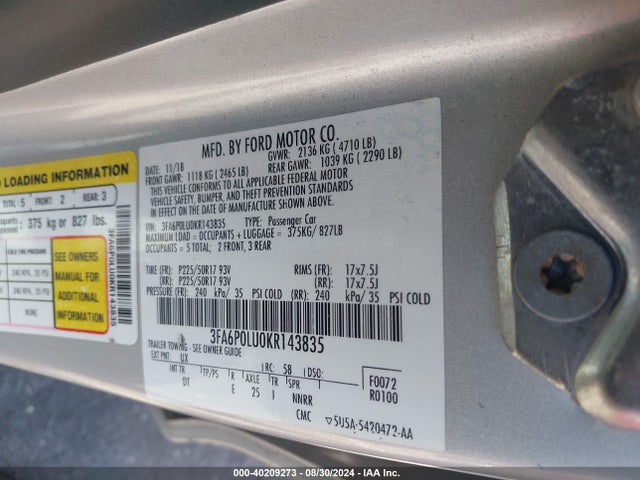 Ford Fusion Hybrid Se 2019 3FA6P0LU0KR143835 Image 9