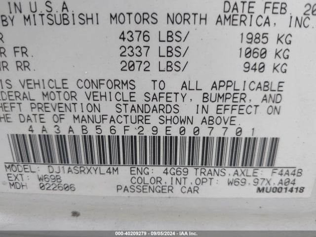 2009 MITSUBISHI GALANT 4A3AB56F29E007701 Photo 8
