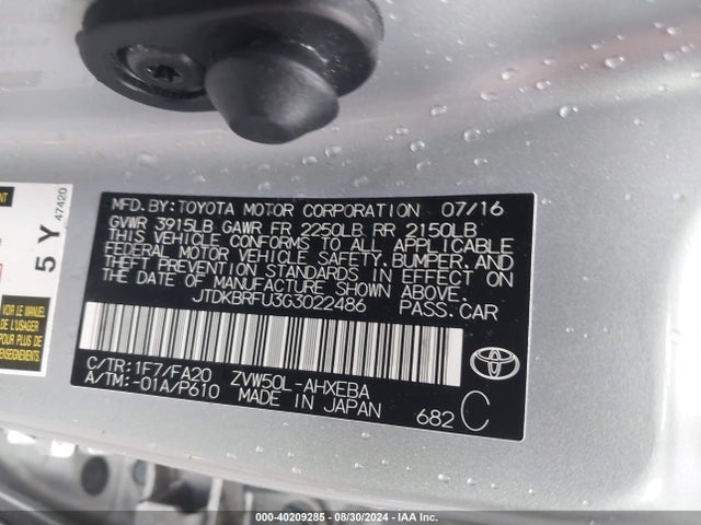 Toyota Prius Two 2016 JTDKBRFU3G3022486 Image 9