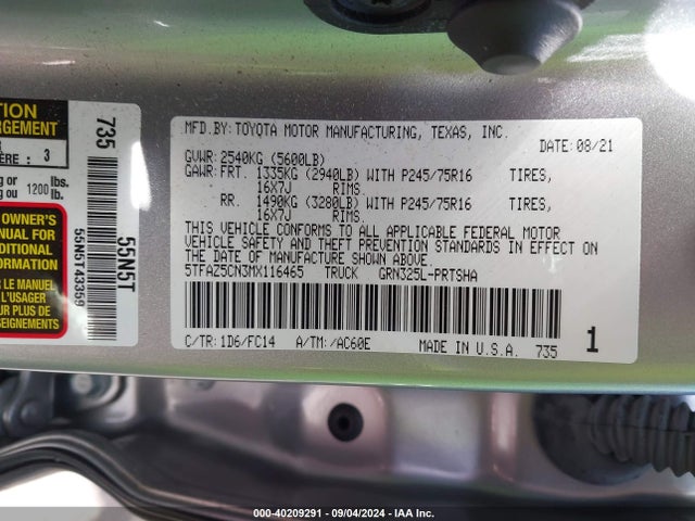 Toyota Tacoma Sr5 V6 2021 5TFAZ5CN3MX116465 Image 9