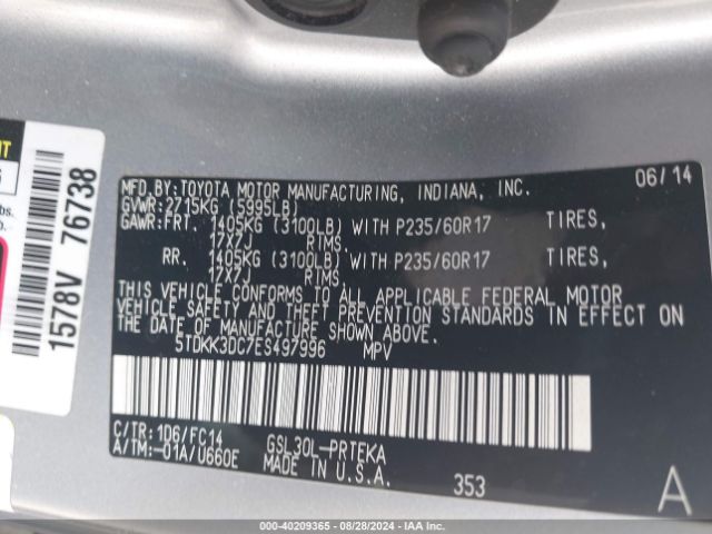 5TDKK3DC7ES497996 Toyota Sienna Le V6 8 Passenger