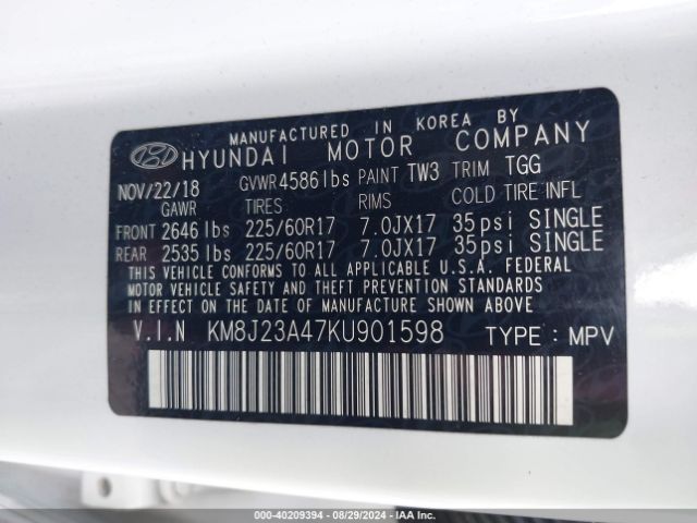 KM8J23A47KU901598 Hyundai TUCSON SE