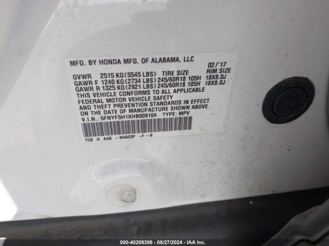 5FNYF5H1XHB009104 Honda PILOT LX