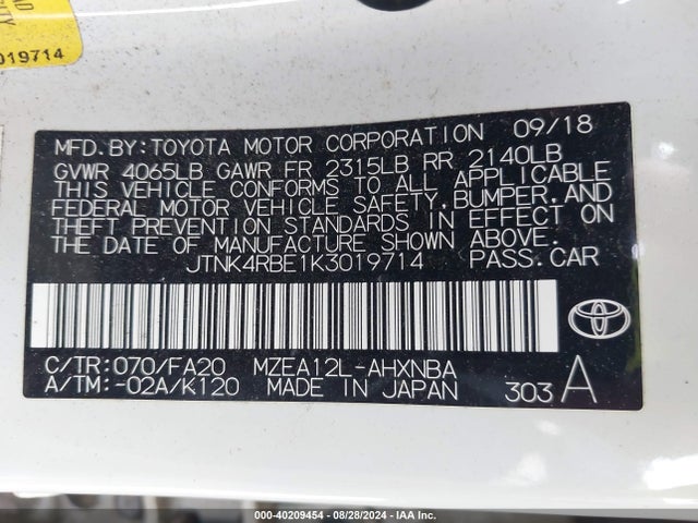 Toyota COROLLA SE 2019 JTNK4RBE1K3019714 Image 9